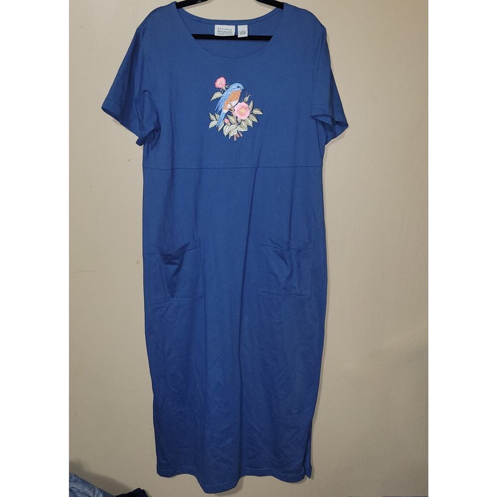 National Wildlife Federation Womens XL Blue Cotton Embroidered Bird‎ Midi Dress